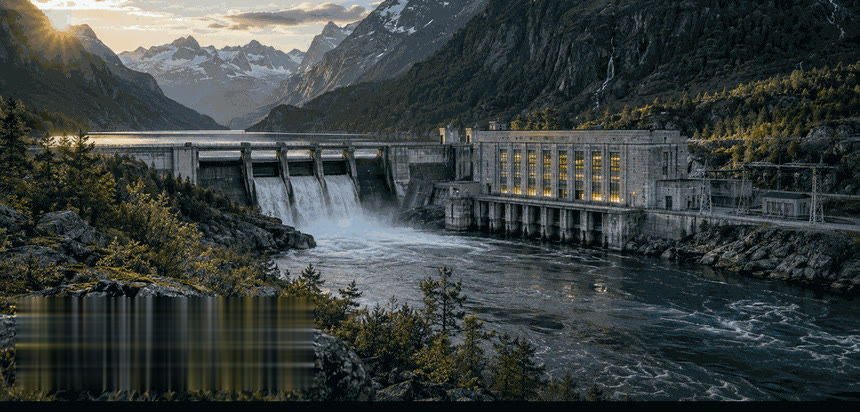 Vannkraftverk med dam og kraftstasjon i fjelldal